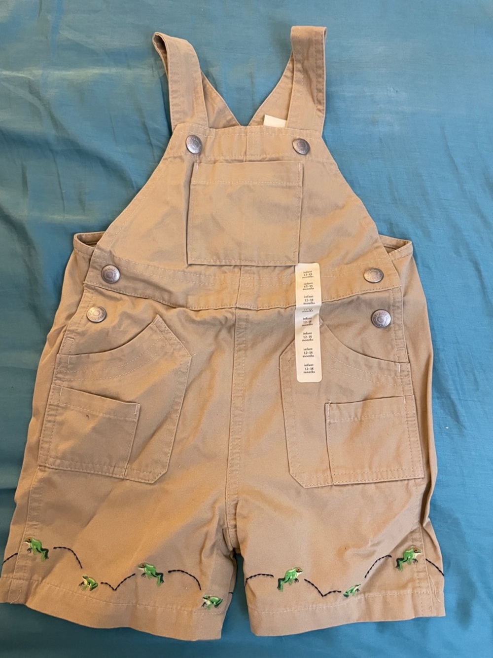 NWT Baby Gap Kids Khaki Short Overalls with Frog Embroidery Sz 12-18 mos